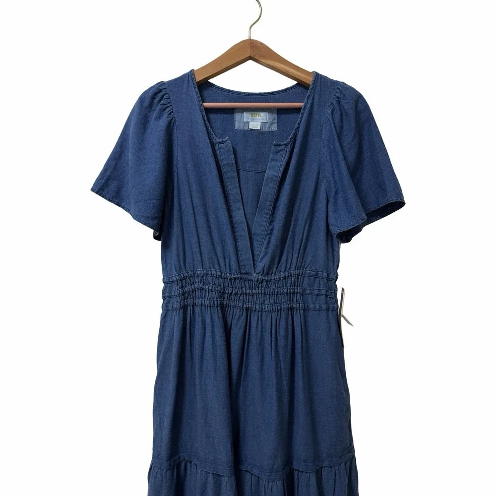 Anthropologie Maeve Somerset Chambray Tiered Maxi Dress Size L Blue Pockets NEW - Picture 3 of 9